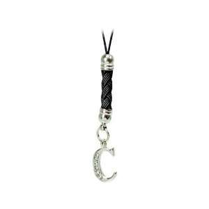 LETTER C With BLACK/SILVER CRYSTAL GEM STONE CELL PHONE CHARM HAND 