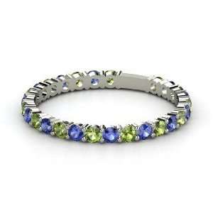 Rich & Thin Band, 14K White Gold Ring with Green Tourmaline & Sapphire