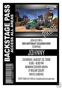 Set of 10 Monster Truck Backstage Pass Invitations Sets  