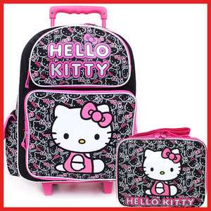 Sanrio Hello Kitty Large Rolling Backpack School Lunch Bag Set Black 