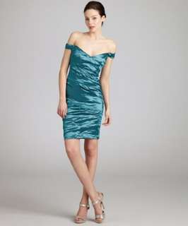 Nicole Miller turquoise metallic ruched off shoulder dress   