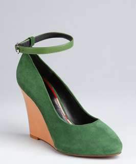 Celine green suede colorblock ankle strap wedge pumps