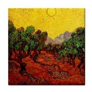 Olive Trees with Yellow Sky and Sun By Vincent Van Gogh Tile Trivet