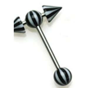  Tongue Ring Piercing with Black and White Striped Spikes 