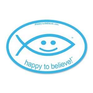   Happy to Believe Christian Fish Euro Sticker (Surf Blue) Automotive