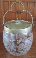   Victorian Satin Etched Glass CRACKER BISCUIT JAR Flowers & Bows  