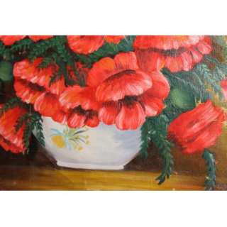 Antique European Oil Painting, Still Life Poppy Flowers Floral  