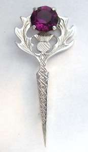 Celtic Huge Amethyst Glass Silver Tone Sword Thistle Dirk Kilt Pin 