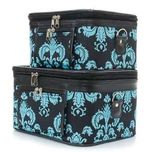 Blue Damask Cosmetic Makeup Train Case Box   Set of Two 