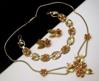 KREMENTZ Rose Parure Necklace Bracelet Earrings Sweet Vintage Set 