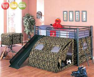 Kids Tent Loft Bunk Bed Fort Bedroom w/ Slide Toy Chest  