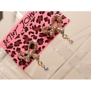 Betsey Johnson Gold Tone Pink Crystal Bow Stud Earrings