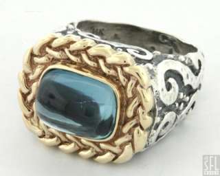 STERLING SILVER/14K GOLD JUMBO 5.0CT CABOCHON BLUE TOPAZ UNISEX RING 
