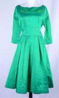 VINTAGE GORGEOUS BRIGHT GREEN SATIN OR SILK DRESS WITH FULL SKIRT MUST 