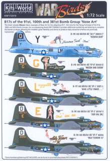 Kits World Decals 1/72 B 17 FLYING FORTRESS NOSE ART 91st 100th 381st 