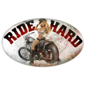 Ride Hard Pinup Girls Oval Metal Sign   Victory Vintage Signs  