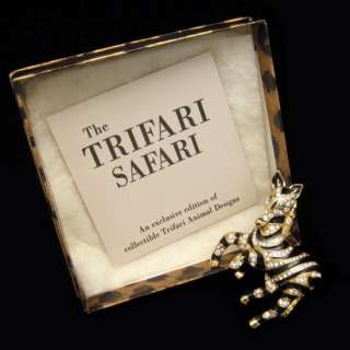 TRIFARI Safari Zebra Brooch Pin Goldtone Black Enamel Rhinestones Mint 