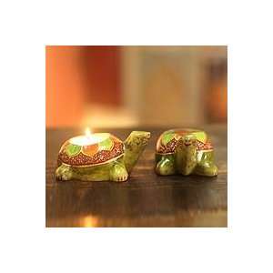  NOVICA Soapstone candleholders, Green Lotus Turtle (pair 