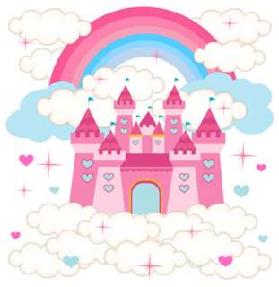 PRINCESS CASTLE RAINBOW PINK BLUE CLOUDS STARS HEARTS WALL MURAL 