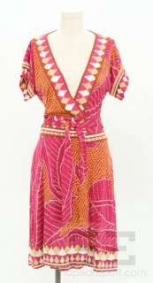DVF Diane von Furstenberg Fuchsia, Gold, & Brown Silk Wrap Dress Size 