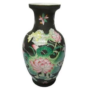 Hand Painted Porcelain Flower Vase, Pink Lotus Blossoms and Water Lily 