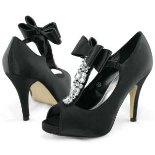 Womens wedding party bow satin diamonds heel shoes size AU 5   11 