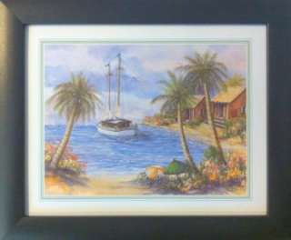Framed Tropical Beach Home Palm Trees Sailboat Prints  