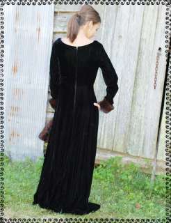 Vtg 70s Black Velvet Fur Cuff Maxi Evening Party Dress  