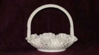 Fenton White Milk Glass Hobnail Basket Handled and Crimped  