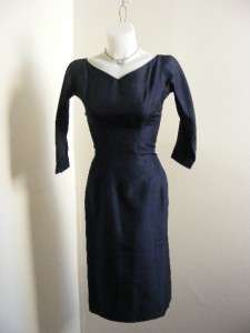 vtg 50s SUZY PERETTE Navy Blue SILK SHANTUNG Wiggle Hourglass Party 