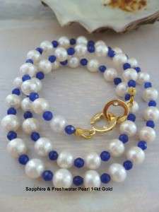 Sapphire Gemstone & White Freshwater Pearl Necklace 14kt GOLD  