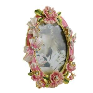 Victorian style pink rose butterfly picture photo frame oval bejeweled 