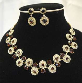   Bridesmaids Golden Diamante Crystal Necklace Earrings Set Prom  