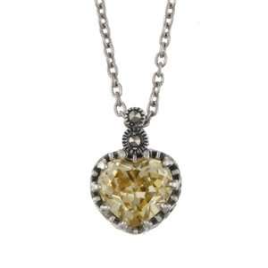   Silver Yellow Cubic Zirconia and Marcasite Heart Necklace Jewelry