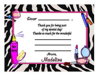 10 Spa Make Over Zebra Birthday Party Thank You Cards  