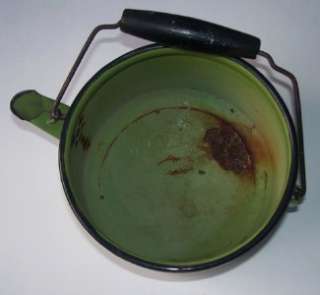 Vintage ENAMELWARE TEA POT KETTLE with WIRE BAIL Olive Green with 
