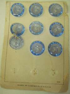 Antique Glass Blue Buttons Made Czechoslovakia w Card  