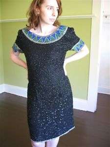 VINTAGE 80s CLEOPATRA COLLAR BEADED GLAM PARTY DRESS M  