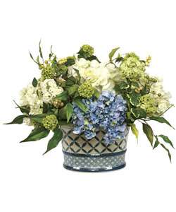 Blue and White Faux Hydrangea In Oval Planter  
