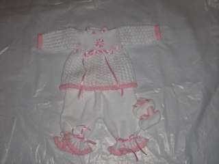 Hand knitted baby girl cardigan, pants and shoes  