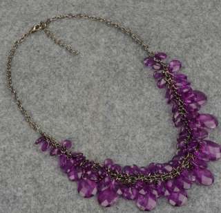 Vintage Retro Copper Cluster Purple Lucite Beads Tassel Necklace 