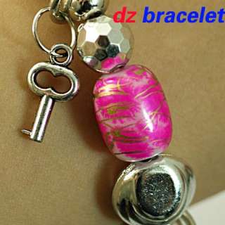   Pink Beads Elastic Stretch Leaf Dangle Cuff Bangle Bracelet  