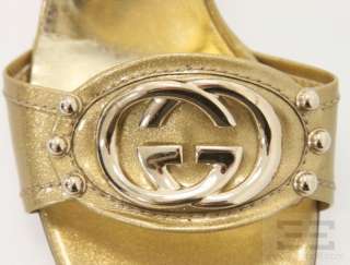 Gucci Metallic Gold Monogram Buckle Patent Open Toe Heels Size 11B 