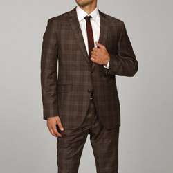 Ben Sherman Mens Slim Fit Brown Plaid Wool Suit  