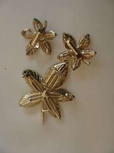 Vintage Sarahoo Gold Leaf Brooch Pin&Earings set Signed  