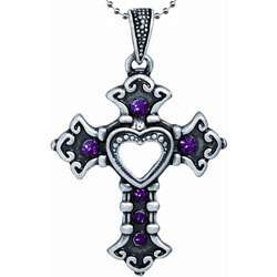 Pewter Purple Crystal Heart Cutout Cross Necklace  