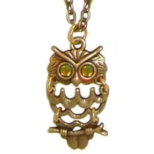   Articulated Owl On 16 Chain With Rhinestone Eyes In Antique Brass