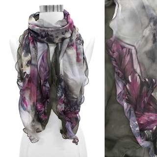 Duo Layered Floral Ruffle Fashion Scarf Gray  