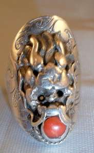 Detailed 925 Sterling & Coral Dragon Face Ring Size 7.5