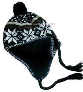 Black White Peruvian Ear flap Winter Ski Hat Lined Beanie Cap Snow 